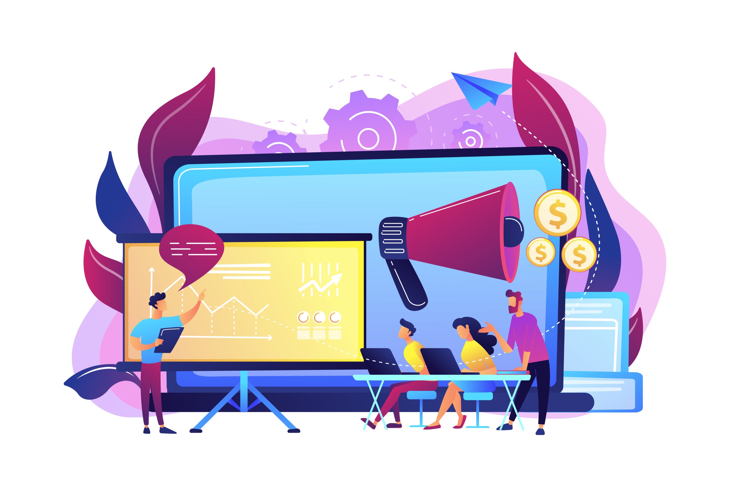 Marketeers learning from fellow professionals at meetup with presentation board. Marketing meetup, sharing experience, marketing expertise concept. Bright vibrant violet vector isolated illustration